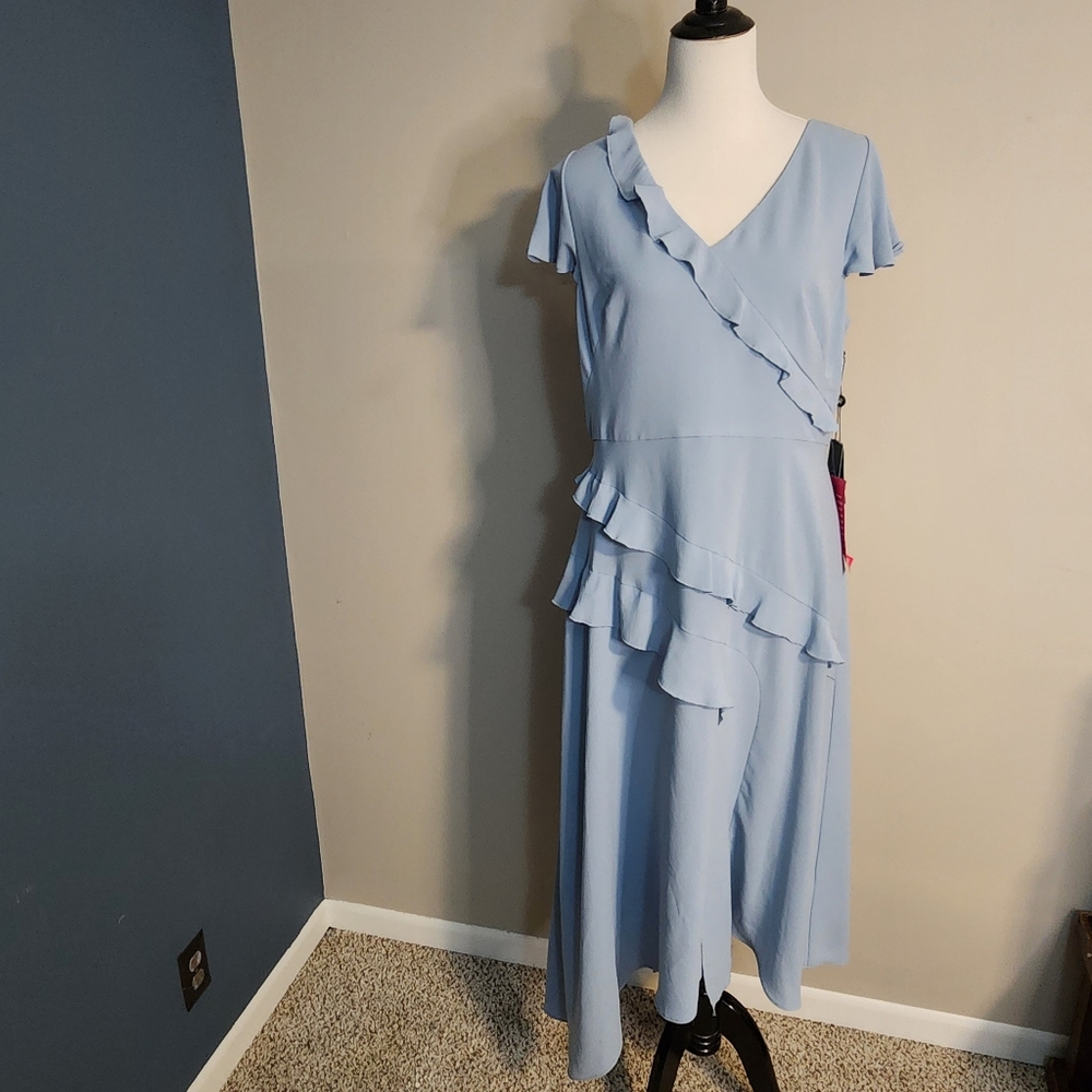 Adrianna Papell Blue Guazy Crepe Ruffle Fit & Flare Dress Flutter Sleeve Size 14